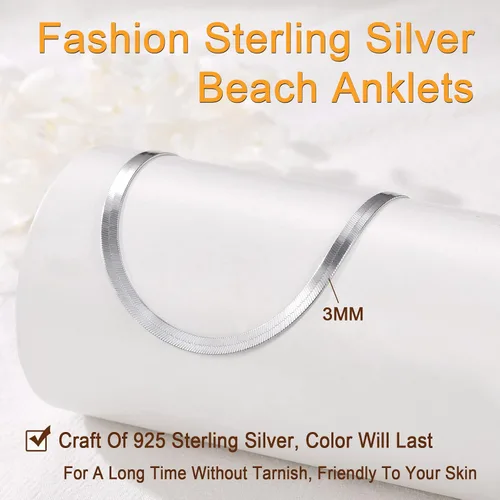 Miniatura 8 de SILVERCUTE Silver Ankle Bracelets for Women, Sterling Silver Initial Anklet Layer Wear Handmade A-Z Letter Anklet, FlowerFigaroCuban LinkHerringbone