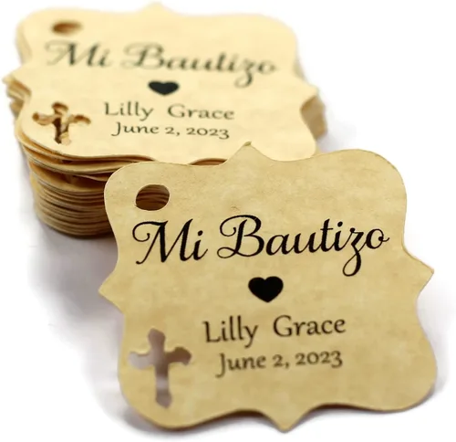 Mi Bautizo - Etiquetas pequeñas personalizadas con cruz (juego de 20) (oro antiguo)