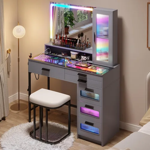 Miniatura 19 de HNEBC - Mesa de tocador RGB con espejo y luces, mesa de maquillaje con espejo LED y estación de carga USB/inalámbrica, juegos de mesa de tocador