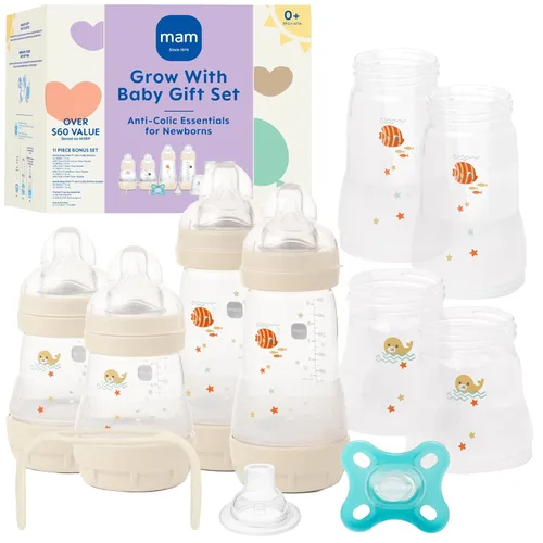 MAM Grow with Baby - Juego de regalo de 15 piezas, recién nacido de 0 a 4 meses, biberones anticólicos y pezones de silicona SkinSoft, artículos