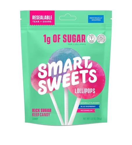 Miniatura 10 de SmartSweets Paletas, 3oz, sabor a frambuesa azul y sandía, caramelo duro con bajo contenido de azúcar (1g), bajo en calorías (40), sin edulcorantes