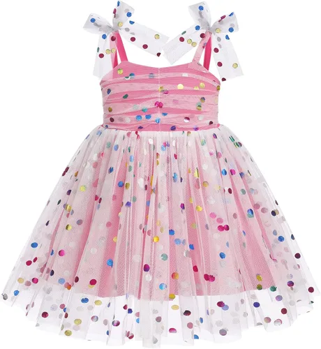 Miniatura 32 de IMEKIS Vestido de princesa de cumpleaños para niña pequeña, confeti brillante, bohemio, arcoíris, cake smash, sesión de fotos, conjunto para 1-6T