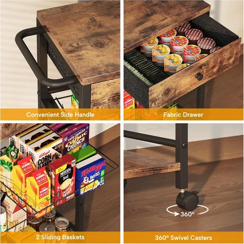 Miniatura 6 de Organizador de cocina y carrito de almacenamiento con cajón de tela y asa práctica, carrito organizador de aperitivos con 2 cestas extraíbles y 2