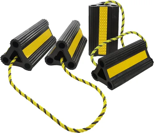 Cuñas de rueda para remolque de RV, caravana, camión, coche, resistentes de uso sencillo, goma con cordón y cinta reflectante amarilla, accesorio