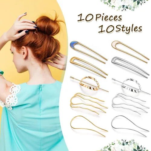 Miniatura 2 de 10 piezas de metal en forma de U ovalada peine lateral horquilla horquilla clip palo moño updo palos oro plata chignon pin agarres para mujeres