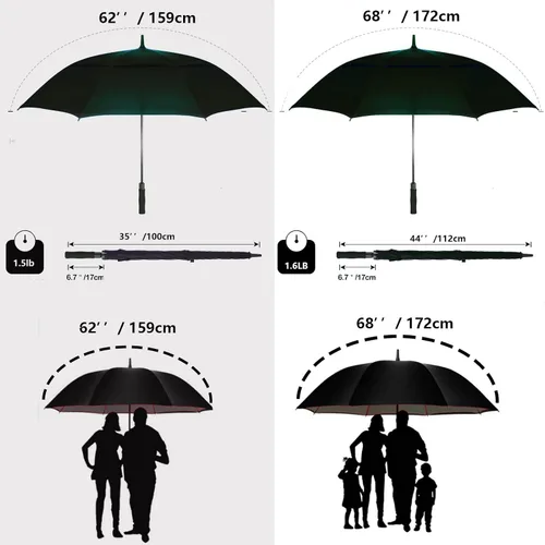 Miniatura 2 de Paraguas de golf extragrande de 62, 68 y 72 pulgadas, con doble dosel ventilado, resistente al viento, impermeable, de apertura automática