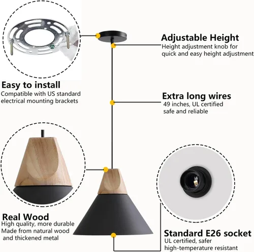 Miniatura 3 de Lámpara colgante moderna, de madera maciza, color negro mate, lámpara colgante de techo, iluminación colgante para cocina, isla, comedor, sala