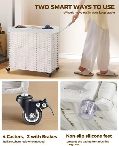 Miniatura 37 de GREENSTELL Cesta para ropa sucia con ruedas y tapa, 130 L, cesta grande de 3 secciones con 2 tipos de bolsas de forro extraíbles, 5 bolsas de malla
