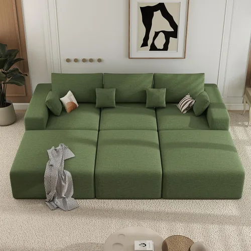 Miniatura 19 de Sofá cama seccional modular de 113", sofás de nube convertibles para sala de estar con otomana, juego de sofá cama de pana sin estructura de 6 Gris