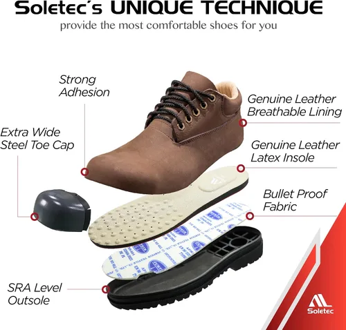Miniatura 2 de Soletec Zapatos de trabajo industriales de seguridad con punta de acero, cuero nobuck auténtico, antideslizante, plantilla a prueba de balas