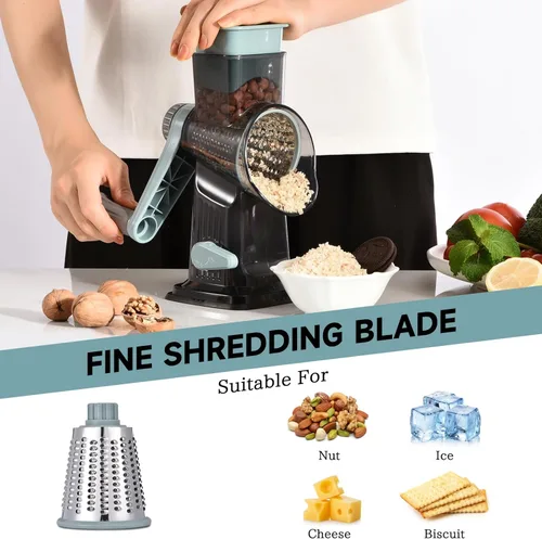 Miniatura 5 de Rallador de queso rotativo con mango Triturador de cocina Rallador Rebanador Rallador de hielo Rallador de queso para vegetales, nueces, papas, Azul