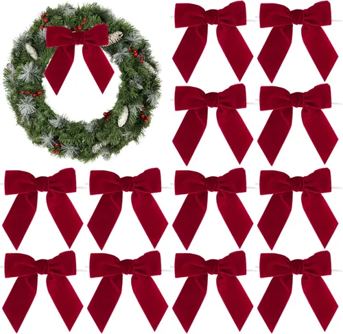 Miniatura 9 de AIMUDI Lazos de Terciopelo Burdeos de 4.5" Lazos de Navidad para Árbol Lazos Prefabricados para Coronas Lazos con Alambre Retorcido para Envolver