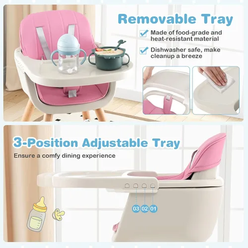 Miniatura 5 de HONEY JOY Silla alta para bebé, silla alta 6 en 1 de madera Eat & Grow con bandeja extraíble, arnés de 5 puntos, cojín de poliuretano y reposapiés