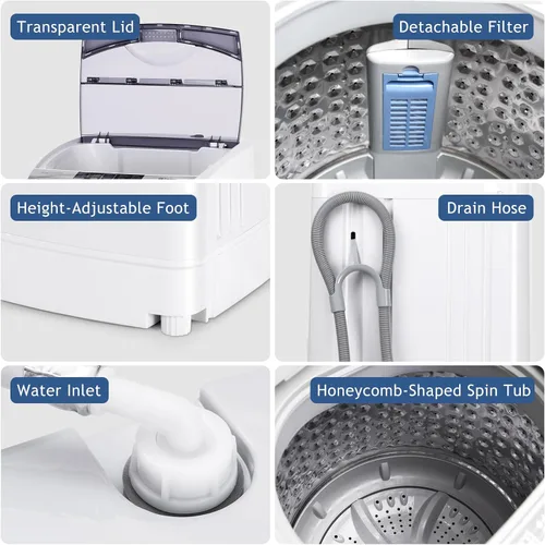 Miniatura 6 de RELAX4LIFE Lavadora completamente automática, lavadora compacta de 12 libras de capacidad con 10 programas, 8 niveles de agua, pantalla LED y bomba