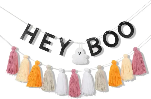 Hey Boo - Pancarta con borlas de fantasma, pancarta de borla de fantasma para Halloween, decoración del hogar de Halloween, pancarta de fantasma,