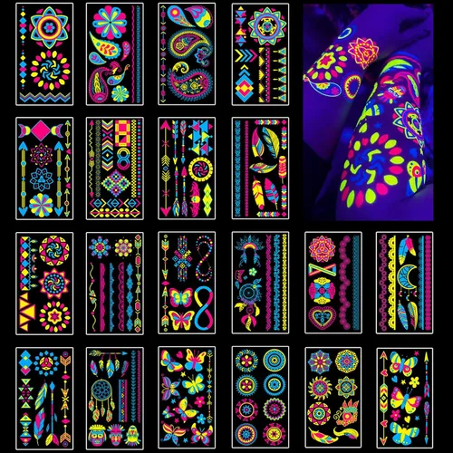 Tatuajes Temporales 170 PCS Tatuajes que Brillan en la Oscuridad que Reaccionan a la Luz Negra UV de Neón, Tatuajes para Niños, Adolescentes y