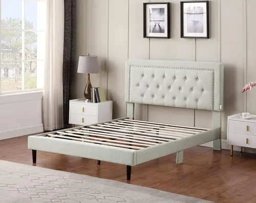 Miniatura 5 de Base de cama de plataforma tapizada tamaño matrimonial con cabecero ajustable de 48 pulgadas de alto, cama de terciopelo de lino con botones