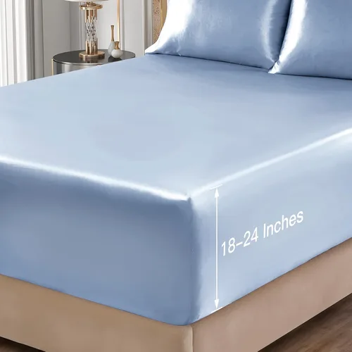 Miniatura 6 de VACVELT Juego de 4 sábanas de satén con bolsillo extra profundo - Juego de ropa de cama tamaño completo, juego de sábanas de satén azul bebé