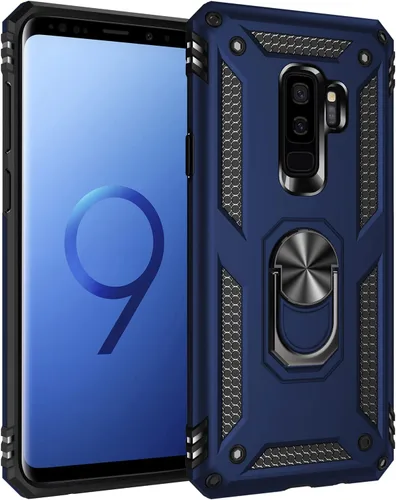 Funda de grado militar para Samsung Galaxy S9 Plus 360 con anillo giratorio de metal con soporte magnético para montaje en automóvil, protección Azul