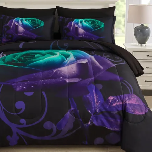 Miniatura 15 de WONGS BEDDING - Juego de edredón azul tamaño Queen de 7 piezas, juego de ropa de cama en una bolsa con patrón de rosas, juegos de ropa de cama