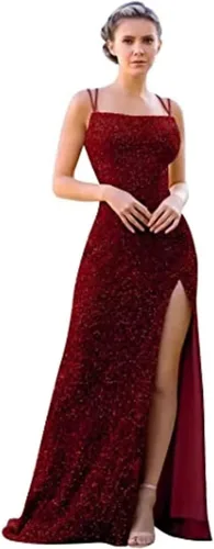 Miniatura 10 de Vestidos de fiesta de lentejuelas con abertura, tirantes delgados, largo sirena, brillante, sexy, sin espalda, vestido de fiesta
