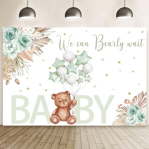 Miniatura 10 de AIBIIN Telón de fondo azul de 7 x 5 pies para baby shower, con texto en inglés "We Can Bearly Wait", fondo de fotografía, bohemio, floral, baby