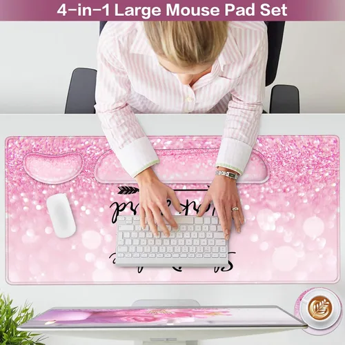 Miniatura 2 de Alfombrilla de ratón rosa, alfombrilla de mouse con soporte de muñeca, juego de 4 en 1: alfombrilla grande+soporte de muñeca para teclado+soporte