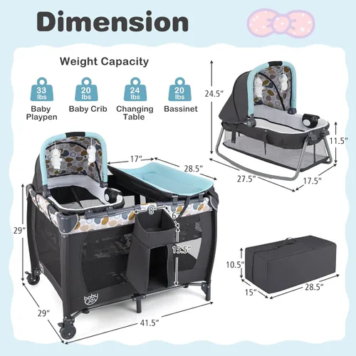 Miniatura 6 de BABY JOY Paquete y juego 5 en 1, corralito portátil para bebé con moisés y cambiador de pañales, cuna central para guardería infantil con juguetes