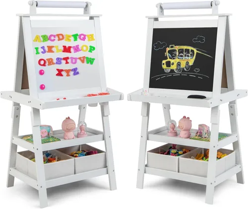 Miniatura 11 de Caballete de arte HONEY JOY para niños, caballete doble de 3 en 1 para niños pequeños de madera con pizarra blanca magnética y pizarra, rollo