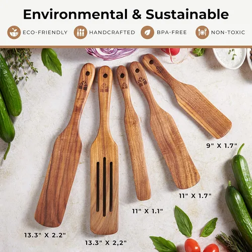 Miniatura 6 de Juego de 5 espátulas de teca, herramientas de cocina de madera, utensilios de cocina antiadherentes para servir, agitar, mezclar, raspar, recoger
