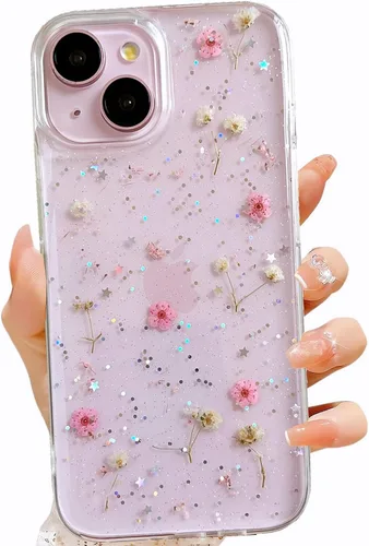 Miniatura 47 de LSEEKA Funda transparente para iPhone 13 Mini/iPhone 12 Mini con diseño de flores reales prensadas, con purpurina, bonito patrón floral blanco, Oro