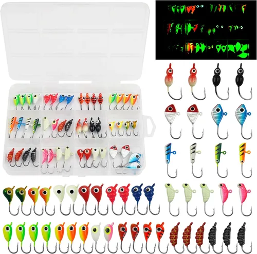 Ice Fishing Jigs Lures kit, Luminous Ice Fishing Gear Crappie Panfish Jigs Head Fishing Hooks Set for Winter Ice Jigging Walleye Perch Bluegill