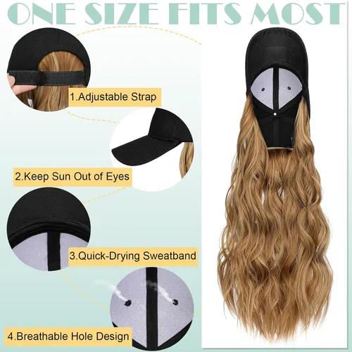 Miniatura 5 de Peluca de gorra de béisbol para mujer, gorra de béisbol con extensiones de cabello, gorra ajustable adjunta de 24 pulgadas de largo, ondulada