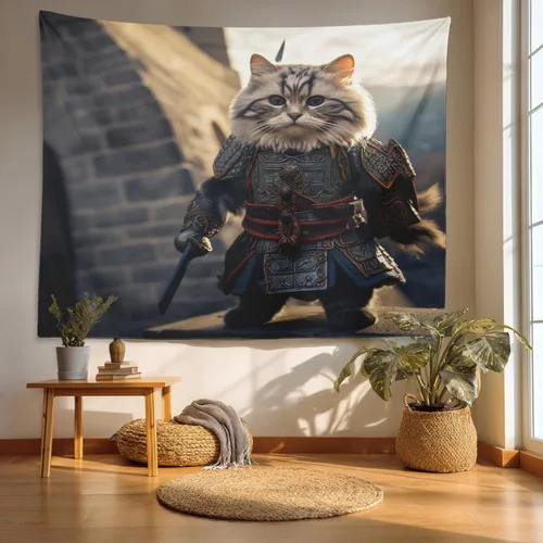 Batmerry Cat In Armor Polyester Tapestry, Cat Armor Sword Warrior Battle Shield Lightweight Wall Hanging High-Definition Print Backdrop For Dorm