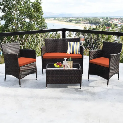 Miniatura 9 de Goplus Juego de patio de ratán de 4 piezas, juego de conversación de mimbre para exteriores e interiores para piscina, patio trasero, césped, sillas