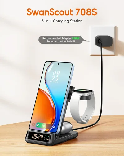 Miniatura 2 de SwanScout Estación de carga inalámbrica 3 en 1 para Samsung S26 Ultra/S26/S25/S24/S23/Z Flip7, cargador inalámbrico plegable para Galaxy Watch 8