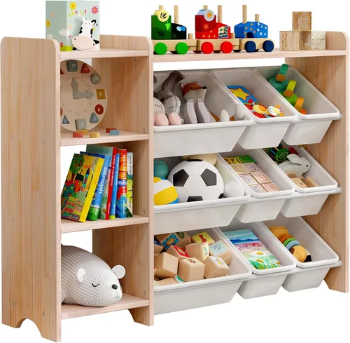 Miniatura 9 de MallBest Estante organizador de almacenamiento de juguetes para niños de 4 niveles, 100% madera maciza, armario de almacenamiento para niños con 9