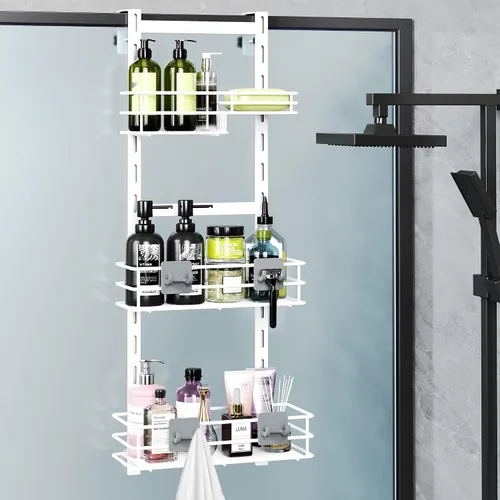 Miniatura 16 de Orimade Organizador de Ducha Sobre la Puerta Ajustable de 3 Niveles Negro, Estante Colgante para Baño a Prueba de Óxido con 4 Ganchos, Organizador