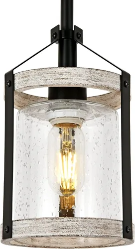 Lámpara colgante de granja, luz de cocina de vidrio sembrado con jaula de metal, lámpara colgante rústica con acabado de madera envejecida, luz