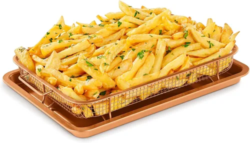 Bakken Swiss - Bandeja para freidora de aire, 2 en 1, antiadherente, de cobre, con malla elevada, ideal para horno, para hornear y alimentos