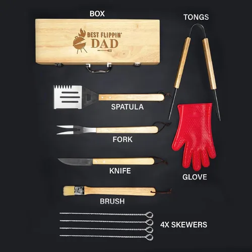 Miniatura 5 de Juego de parrilla BBQ de 11 piezas con caja de madera de arce grabada, herramientas de barbacoa de acero inoxidable premium con mangos de madera