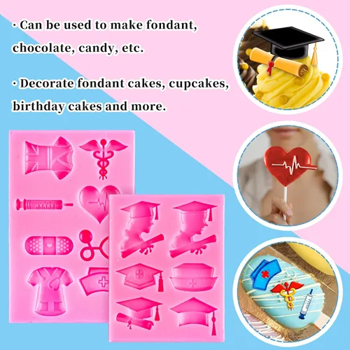 Miniatura 4 de Whaline Paquete de 2 moldes de silicona para fondant con temática de graduación de enfermera, equipo médico, equipo médico, molde de caramelo, molde
