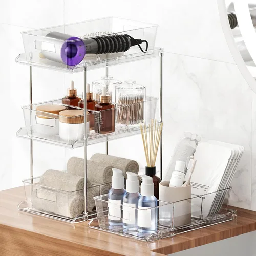 Miniatura 5 de Fabspace Organizador Extraíble para el Hogar, Paquete de 2 Organizadores de Baño Transparentes de 2 Niveles con Separadores, Bandeja Multiuso