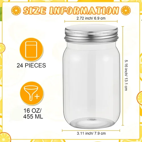 Miniatura 3 de Gerrii 24 tarros de plástico transparente de 16 onzas con tapas, vasos de cóctel rellenables, envases de avena vacíos durante la noche, recipientes