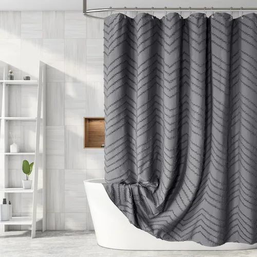 Cortina de Ducha Boho Gris con Textura Tufted a Rayas Chevrón Shabby Chic, Cortinas de Ducha de Tela Texturizada para Baño, Cortina de Ducha