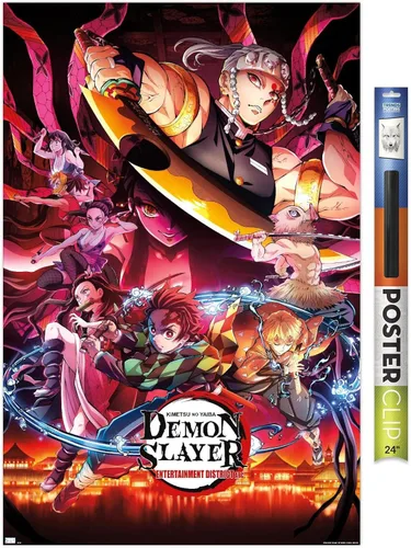 Miniatura 17 de Demon Slayer - Póster de pared Key Visual 1, 22.4 pulgadas de largo x 14.7 pulgadas de ancho, versión enmarcada de madera de granero