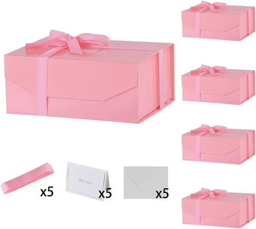 5 cajas de regalo rosa con cinta de 9.5 x 7 x 4 pulgadas, caja de regalo resistente con tapa para embalaje de regalo, cajas de almacenamiento