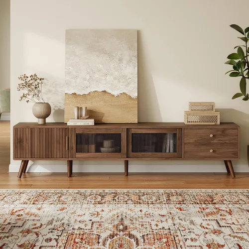 Miniatura 8 de Soporte de TV para TV de 80 pulgadas, centro de entretenimiento moderno de mediados de siglo con cajones de almacenamiento, puertas de tambor y toma