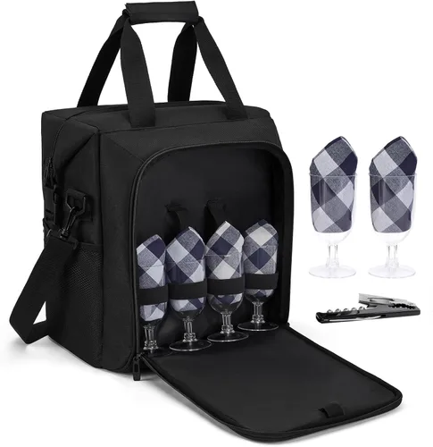 Miniatura 18 de ALLCAMP - Bolsa de vino con compartimento refrigerador, juego de picnic que lleva dos juegos de vajilla Negro