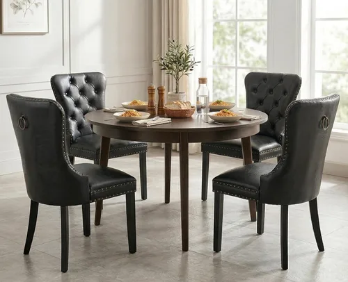 Miniatura 10 de Shunzhi Juego de 2 sillas de comedor de cuero beige, modernas de mediados de siglo, sillas de cocina tapizadas con capitoné, sillas auxiliares